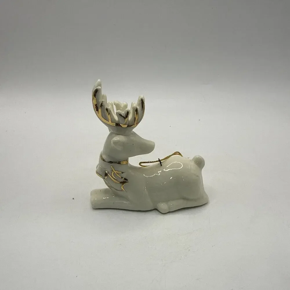Ceramic Reindeer Christmas Ornament Gold Accents Vintage *
